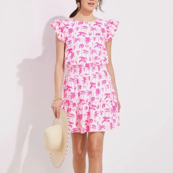 Vineyard Vines | Dresses | Vineyard Vines Pink Smocked Ruffle Palm Tree Linen  Dress | Poshmark